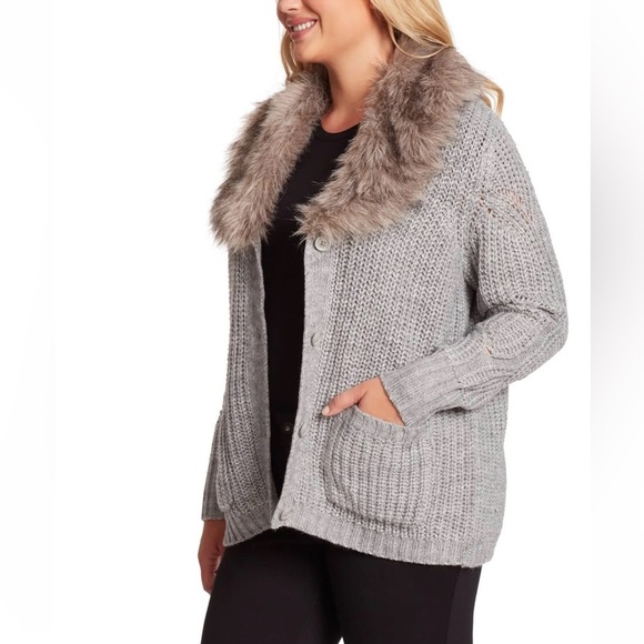 Jessica Simpson Gray Cardigan with Faux Fur Collar - Picture 1 of 5